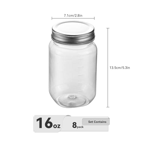 Novelinks 16 oz Clear Plastic Mason Jars with Silver Lids – Reusable Food Storage Containers with Lids, BPA-Free, Leakproof, Pantry and Kitchen Storage, DIY Crafts – 8 Pack