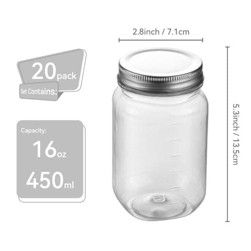 16oz BPA Free Clear Mason Style Plastic Storage Containers with Screw-On Lids - 20 Pack