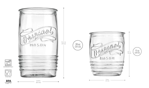 Glaver's Original Mason Drinking Glasses for Everyday Home Use Water Beer Juice Cocktail 8-Piece Set 4-20 Oz Highball Glasses and 4-13 Oz Whiskey Cups
