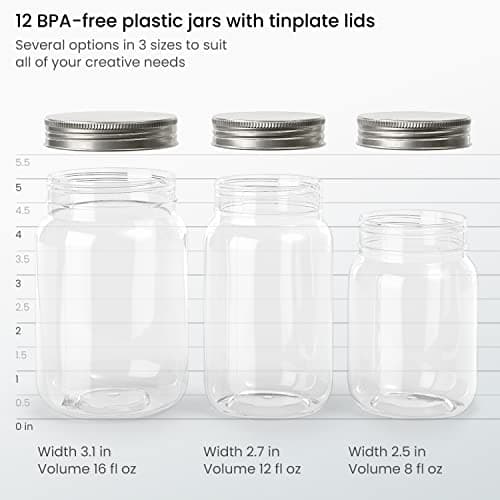 ARTEZA Mason Jars, Regular Mouth Plastic Jars, 8 oz, 12 oz, 16 oz