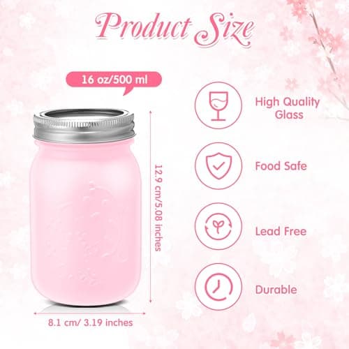 10 Pack 16 oz Pink Glass Mason Jars with Lids for Preserving Jam and DIY Gifts