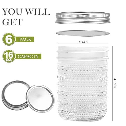 16 Oz Vintage Wide Mouth Mason Jars, 6 Packs, Perfect for Pickling & Fermenting