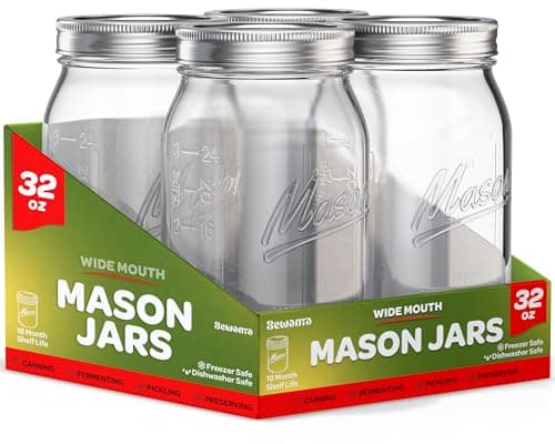 SEWANTA 32 oz Mason Jars 4 Pack - Canning, Fermenting, Pickling, Microwave Safe