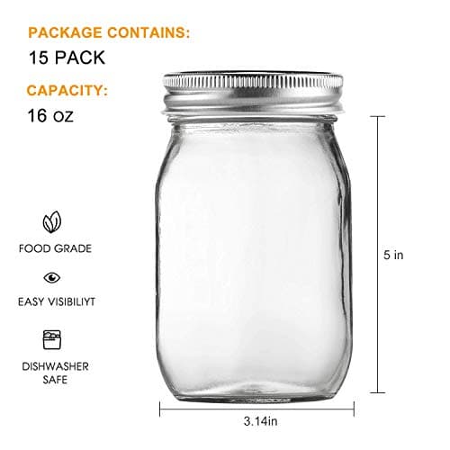 Accguan 16oz Glass Mason Jars with Airtight Lids, 15 Pack, Ideal for Jam, Honey, and More