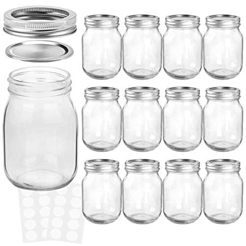 KAMOTA 16 OZ Mason Jars, 12 Pack with Lids & Bands, Whiteboard Labels Included