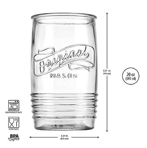 Glaver's Set of 8 20oz Vintage Mason Logo Stemless Tumbler Glasses for Bar and Everyday Use