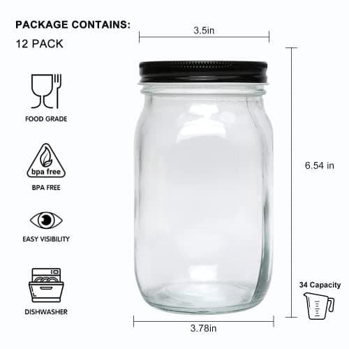 QAPPDA Clear 32 oz Wide Mouth Glass Mason Jar Set of 12 with Airtight Lid for Pickles, Jams, Canning