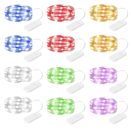 Minetom 12 Pack Waterproof Fairy Lights with Timer - 7ft LED Silver Wire Firefly Lights — 6 Color