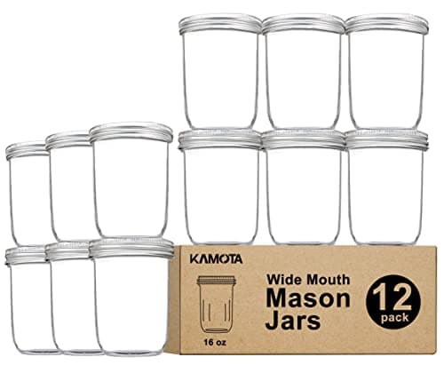 KAMOTA 16 oz Wide Mouth Mason Jars, 12 Pack, Silver Lid & Band