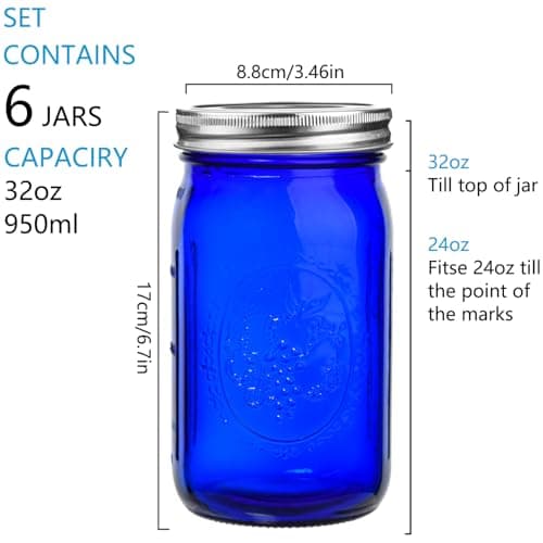 Eleganttime Blue Mason Jars Wide Mouth, 6 Pack Cobalt Blue Colored Mason Jars 32 oz for Canning and Pickling, Storage, DIY Crafts & Décor  
Eleganttime Blue Mason Jars Wide Mouth, 6 Pack Cobalt Blue Colored Mason Jars 32 oz for Home Organization, Can