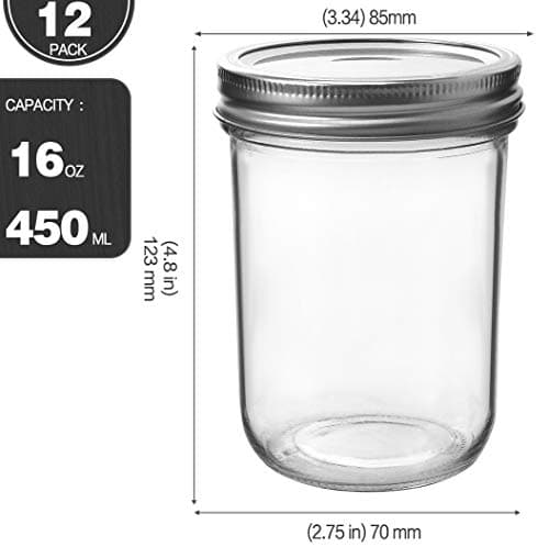 KAMOTA 16 oz Wide Mouth Mason Jars, 12 Pack, Silver Lid & Band