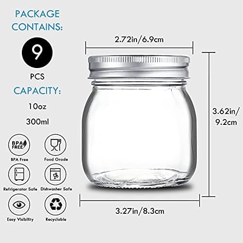 YEBODA 9 Pack Wide Mouth Mason Jars, 10 oz, Glass Canning Jars