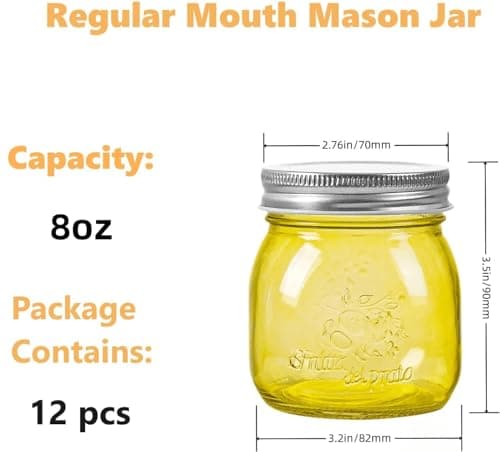 Colorful Mason Jars 8 oz with Metal Lids - Regular Mouth Canning Jars for Various Uses - 12 Pack