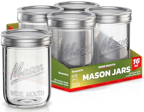 SEWANTA 16 oz Mason Jars, 5 Pack - Canning, Fermenting, Pickling - Jar Décor Safe in Microwave & Freezer.