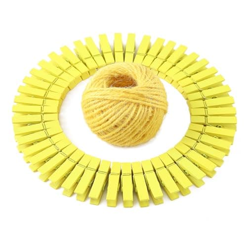 HSTECH 100pcs Mini Natural Wooden Clothespins & 82ft Jute Twine for Home Arts Crafts — Yellow-100pcs