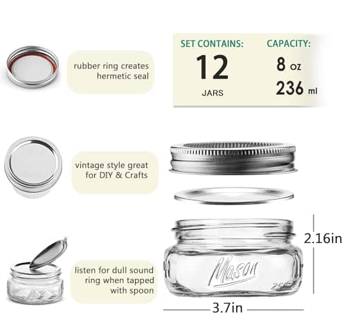 Clear 8 oz Wide Mouth Mason Jars, 12 Pack with Lids & Bands, Perfect for Canning & Preserving