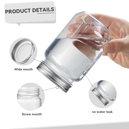 Novelinks 16 oz Clear Plastic Mason Jars with Silver Lids – Reusable Food Storage Containers with Lids, BPA-Free, Leakproof, Pantry and Kitchen Storage, DIY Crafts – 8 Pack