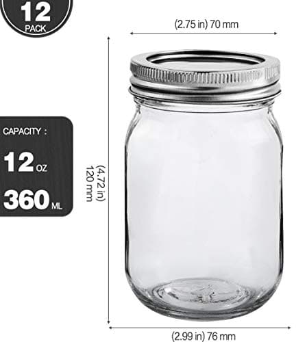 KAMOTA 12 oz Mason Jars with Lids & Bands, 12 Pack, 20 Whiteboard Labels Included
