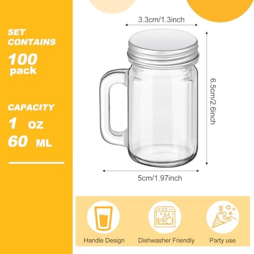 Mifoci 100 Pieces Mini Mason Jar Shot Glasses with Lids for Home Picnic Party
Mifoci 100 Pieces Mason Jar Drinking Glasses with Handles Reusable Mugs for Dessert
Mifoci 100 Pieces Transparent Cups Set for Candle Craft