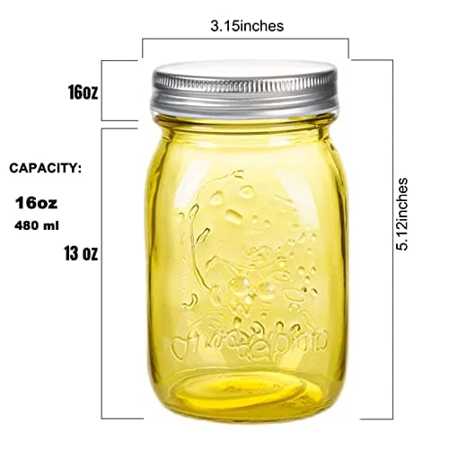 Amzcku 16 oz Colored Mason Jars, 6 Pack Multifunction Glass Containers