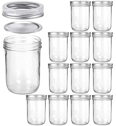 KAMOTA 16 oz Wide Mouth Mason Jars, 12 Pack, Silver Lid & Band