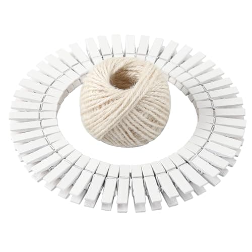 HSTECH 100pcs Mini Natural Wooden Clothespins & 82ft Jute Twine for Home Arts Crafts — White-100pcs