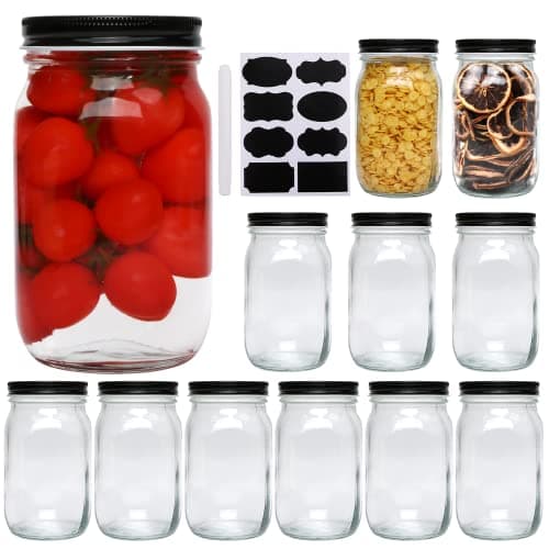 QAPPDA Clear 32 oz Wide Mouth Glass Mason Jar Set of 12 with Airtight Lid for Pickles, Jams, Canning