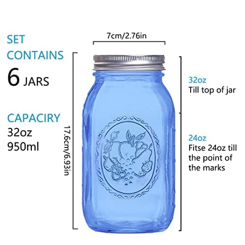 ElegantTime 32 oz Blue Glass Mason Jars, 6 Pack for Canning & Storage