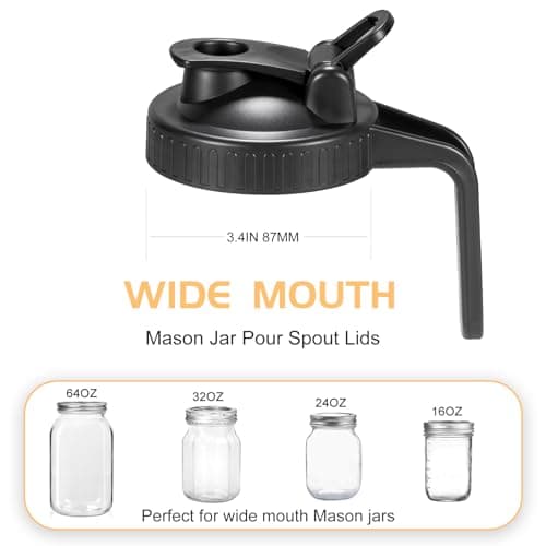 Mason Jar Flip Cap Lid, Airtight Leak-Proof Seal, Wide Mouth, Black - Pack of 2