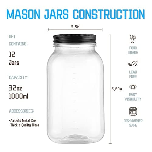 Novelinks 32 OZ Clear Plastic Mason Jars with Lids - Dishwasher Safe Plastic Mason Jars 32 OZ Plastic Jars with Lids for Kitchen & Household Storage (12 Pack) (Black)

Novelinks Dishwasher Safe 32 OZ Clear Plastic Mason Jars with Lids - For Kitchen &