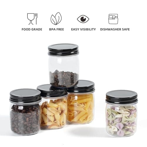 8 oz Black Clear Plastic Mason Jars, 32 Pack, Reusable for Dry Food Storage