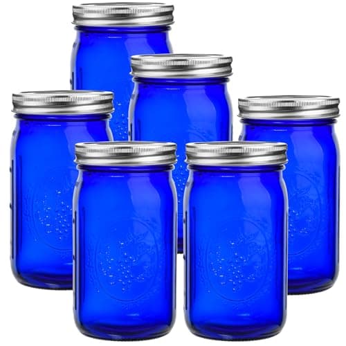 Eleganttime Blue Mason Jars Wide Mouth, 6 Pack Cobalt Blue Colored Mason Jars 32 oz for Canning and Pickling, Storage, DIY Crafts & Décor  
Eleganttime Blue Mason Jars Wide Mouth, 6 Pack Cobalt Blue Colored Mason Jars 32 oz for Home Organization, Can