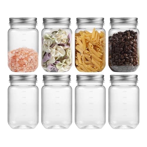 Novelinks 16 oz Clear Plastic Mason Jars with Silver Lids – Reusable Food Storage Containers with Lids, BPA-Free, Leakproof, Pantry and Kitchen Storage, DIY Crafts – 8 Pack