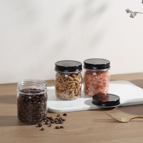 8 oz Black Clear Plastic Mason Jars, 32 Pack, Reusable for Dry Food Storage