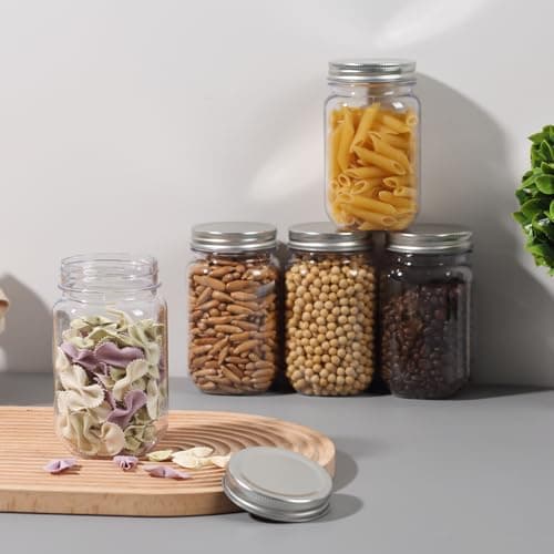 Novelinks 16 oz Clear Plastic Mason Jars with Silver Lids – Reusable Food Storage Containers with Lids, BPA-Free, Leakproof, Pantry and Kitchen Storage, DIY Crafts – 8 Pack