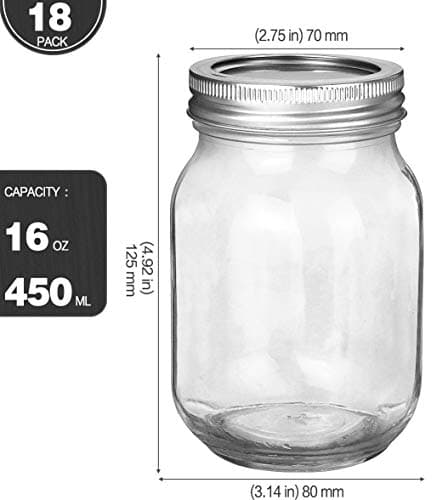 KAMOTA 16 oz Mason Jars, 18 Pack with Labels
