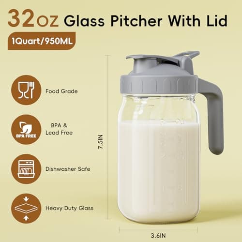 32 oz Airtight Glass Pitcher with Pour Spout for Breastmilk Storage