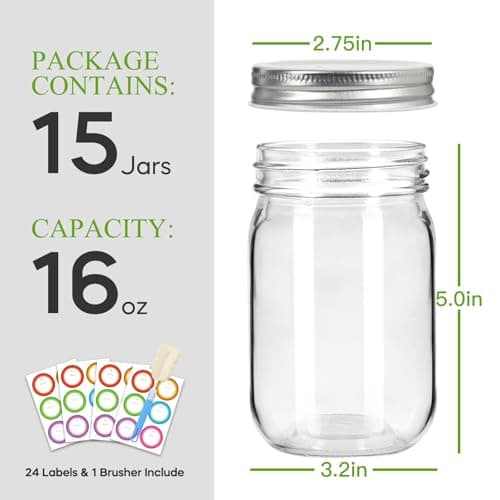 16 oz Silver-Lidded Mason Jars, 15 Pack - Canning & Fermenting Glass Jars