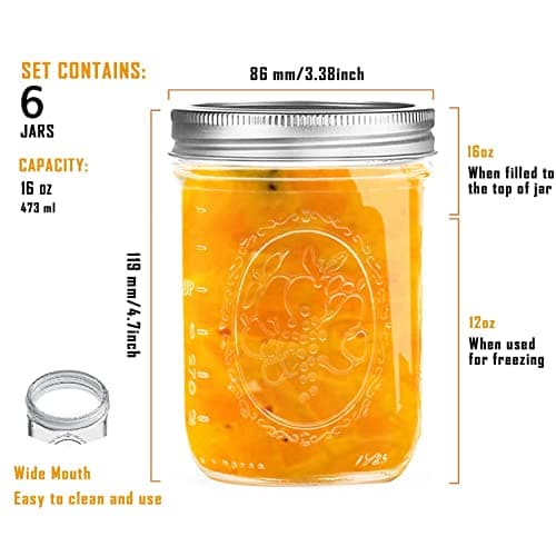 16 oz Wide Mouth Mason Jars with Airtight Lids, 6 Pack for Fermenting and Preserving