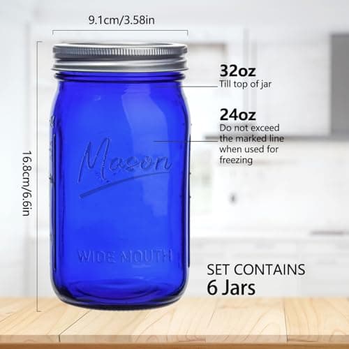 Blue Mason Jars 32 oz, 6Pack Wide Mouth Colored Canning Jars