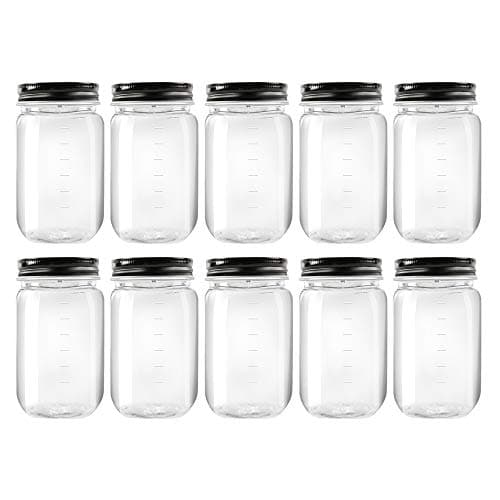 Novelinks 16 Ounce Clear Plastic Jars with Black Lids (10 Pack)