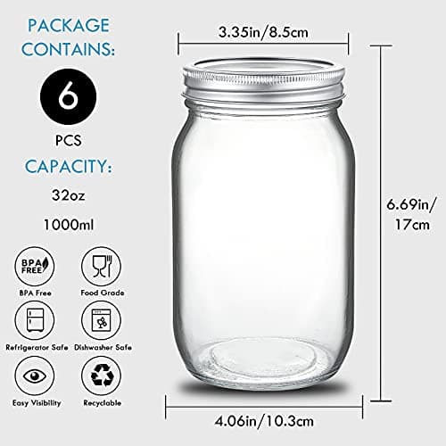 YEBODA 6 Pack 32oz Wide Mouth Mason Jars with Airtight Lids for Preserving & More