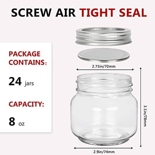 Betrome 24 Pack 8 oz Mason Jars for Oats, Jam & More