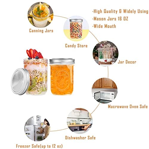 16 oz Wide Mouth Mason Jars with Airtight Lids, 6 Pack for Fermenting and Preserving
