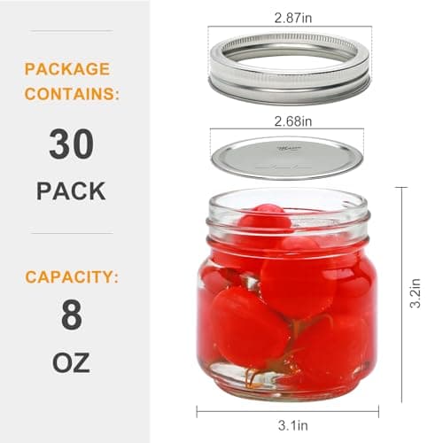 8 oz Glass Jars with Lid, 30 Pack, Storage for Jelly, Jam, Honey, Pickles and Spices