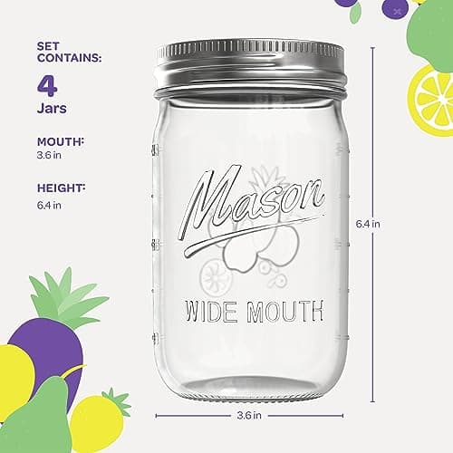 SEWANTA 32 oz Mason Jars 4 Pack - Canning, Fermenting, Pickling, Microwave Safe