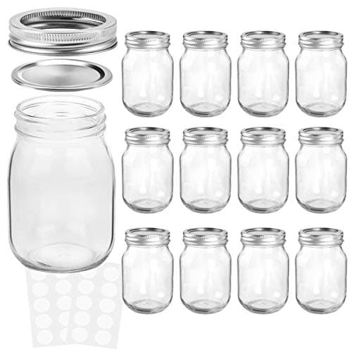 KAMOTA 12 oz Mason Jars with Lids & Bands, 12 Pack, 20 Whiteboard Labels Included