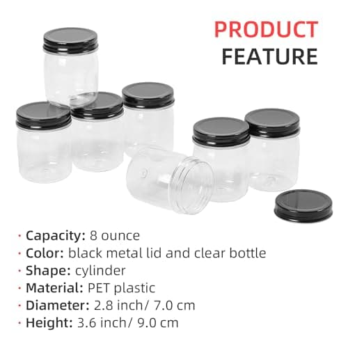 8 oz Black Clear Plastic Mason Jars, 32 Pack, Reusable for Dry Food Storage