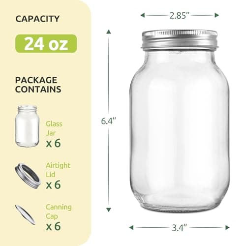 6 Pack 24 oz Airtight Glass Mason Jars for Food Storage & Preserving