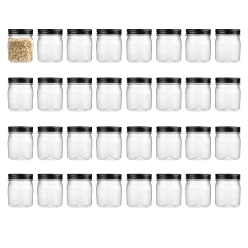 8 oz Black Clear Plastic Mason Jars, 32 Pack, Reusable for Dry Food Storage